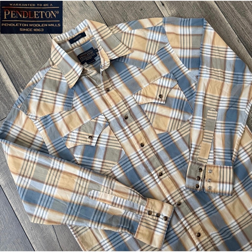 Y2K Pendleton Frontier Mens Small Blue Tan Plaid Western Snap Button Shirt LS
